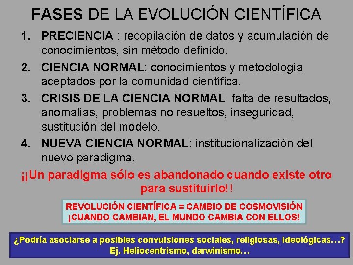 FASES DE LA EVOLUCIÓN CIENTÍFICA 1. PRECIENCIA : recopilación de datos y acumulación de