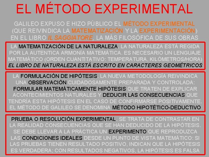 EL MÉTODO EXPERIMENTAL GALILEO EXPUSO E HIZO PÚBLICO EL MÉTODO EXPERIMENTAL (QUE REIVINDICA LA