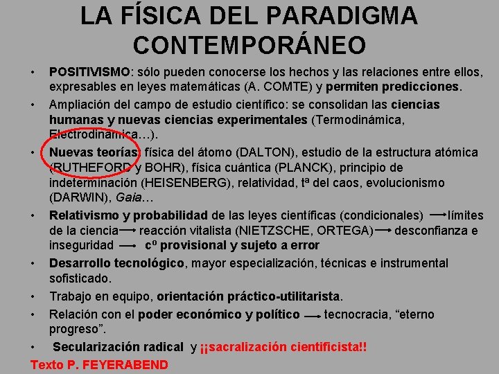 LA FÍSICA DEL PARADIGMA CONTEMPORÁNEO • POSITIVISMO: sólo pueden conocerse los hechos y las