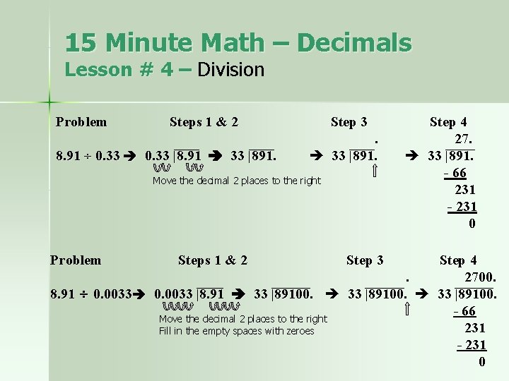 15 Minute Math – Decimals Lesson # 4 – Division Problem Steps 1 &