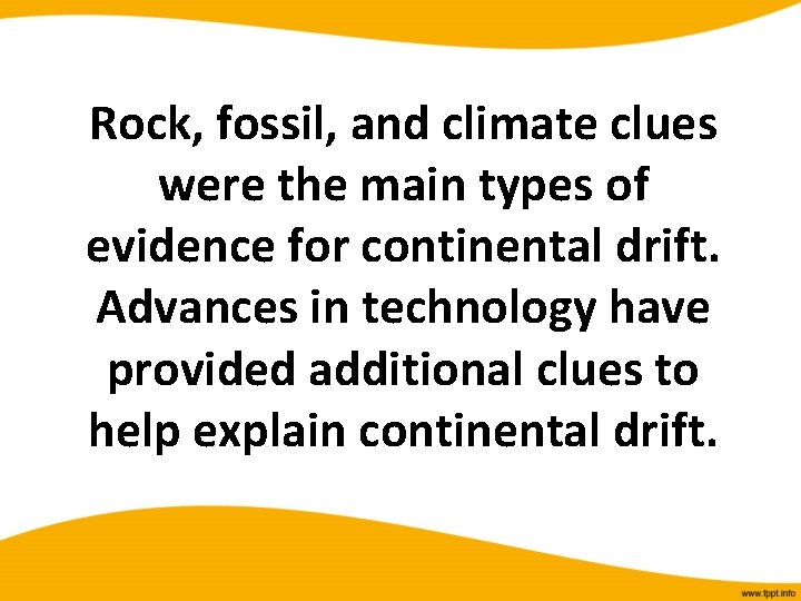 Rock, fossil, and climate clues were the main types of evidence for continental drift.