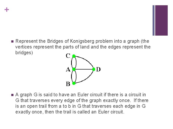 + n Represent the Bridges of Konigsberg problem into a graph (the vertices represent