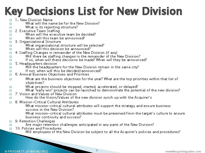 Key Decisions List for New Division � � � � � � � 1.