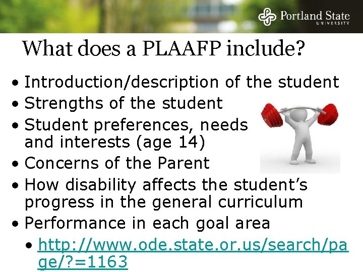 What does a PLAAFP include? • Introduction/description of the student • Strengths of the What does a PLAAFP include? • Introduction/description of the student • Strengths of the