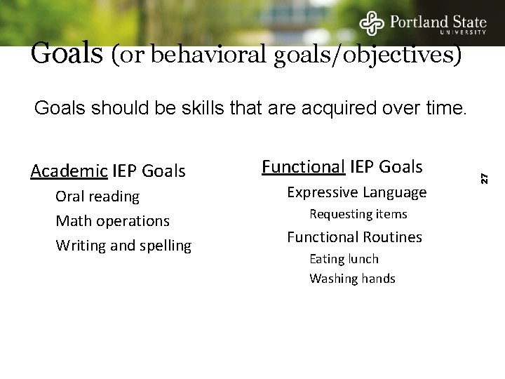 Goals (or behavioral goals/objectives) Academic IEP Goals Oral reading Math operations Writing and spelling Goals (or behavioral goals/objectives) Academic IEP Goals Oral reading Math operations Writing and spelling