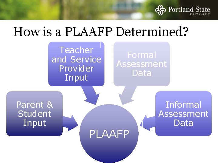 How is a PLAAFP Determined? Teacher and Service Provider Input Parent & Student Input How is a PLAAFP Determined? Teacher and Service Provider Input Parent & Student Input