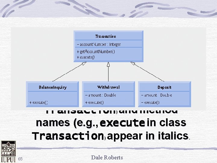 Class diagram modeling generalization of superclass Transaction and subclasses Balance. Inquiry Withdrawal and Deposit