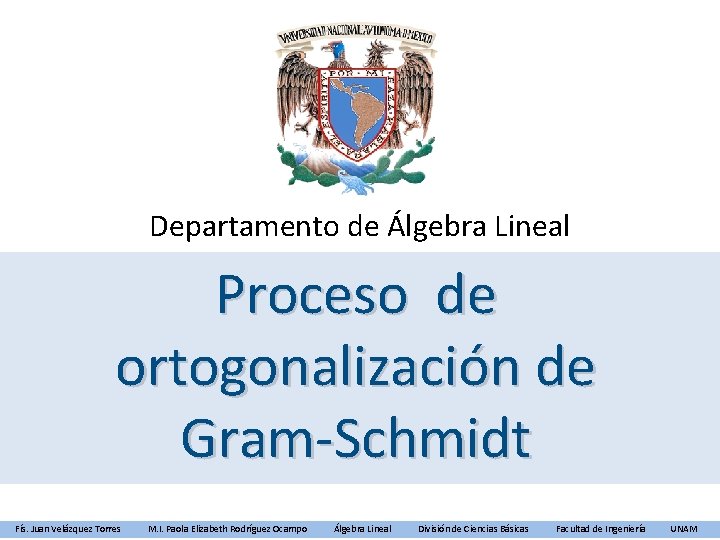 Departamento de Álgebra Lineal Proceso de ortogonalización de Gram-Schmidt Fís. Juan Velázquez Torres M.