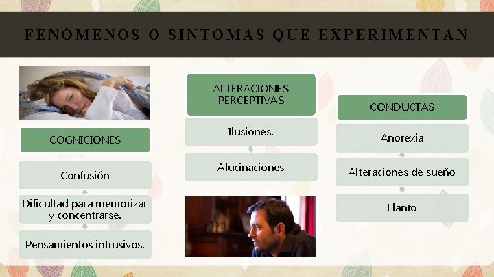 FENÓMENOS O SINTOMAS QUE EXPERIMENTAN ALTERACIONES PERCEPTIVAS COGNICIONES Confusión Dificultad para memorizar y concentrarse.