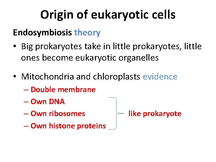 Origin of eukaryotic cells Endosymbiosis theory • Big prokaryotes take in little prokaryotes, little