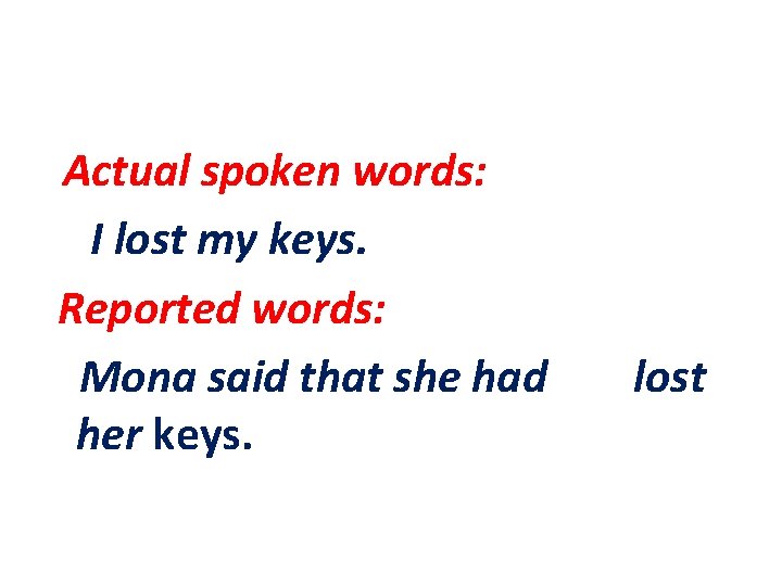 Actual spoken words: I lost my keys. Reported words: Mona said that she had