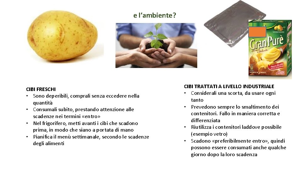 e l’ambiente? CIBI FRESCHI • Sono deperibili, comprali senza eccedere nella quantità • Consumali