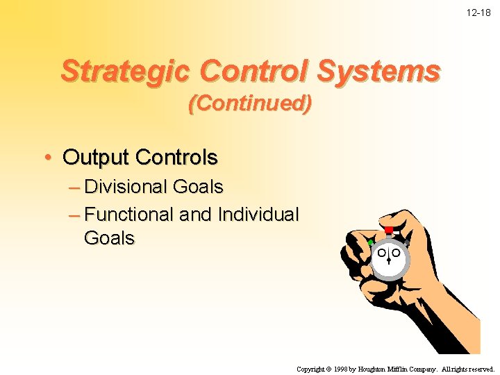 12 -18 Strategic Control Systems (Continued) • Output Controls – Divisional Goals – Functional