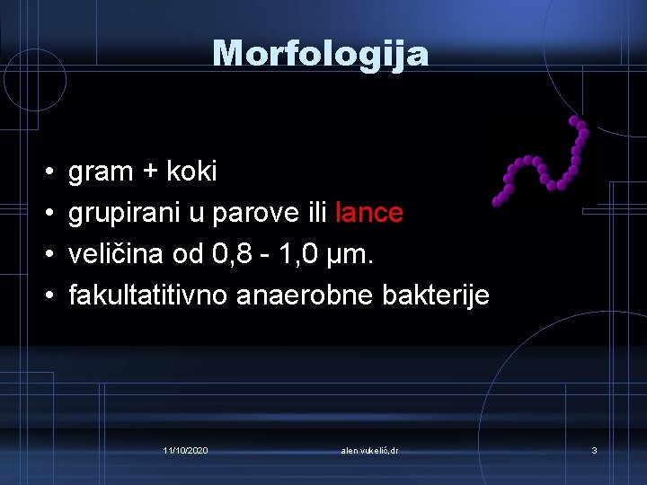 Morfologija • • gram + koki grupirani u parove ili lance veličina od 0,