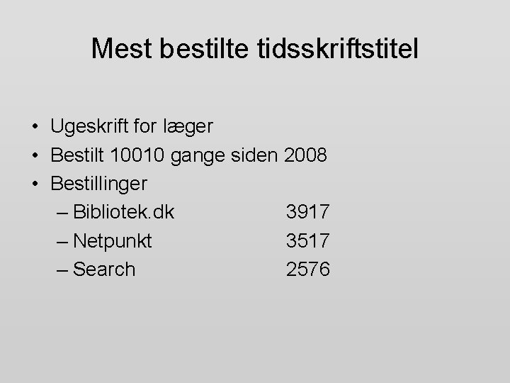Mest bestilte tidsskriftstitel • Ugeskrift for læger • Bestilt 10010 gange siden 2008 •