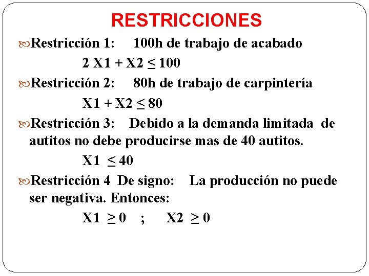 RESTRICCIONES Restricción 1: 100 h de trabajo de acabado 2 X 1 + X