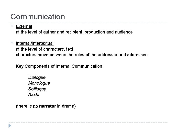 Communication External at the level of author and recipient, production and audience Internal/Intertextual at