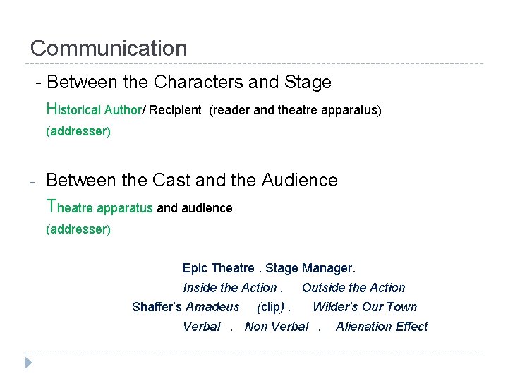 Communication - Between the Characters and Stage Historical Author/ Recipient (reader and theatre apparatus)