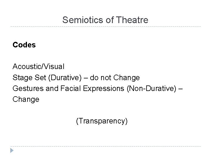 Semiotics of Theatre Codes Acoustic/Visual Stage Set (Durative) – do not Change Gestures and