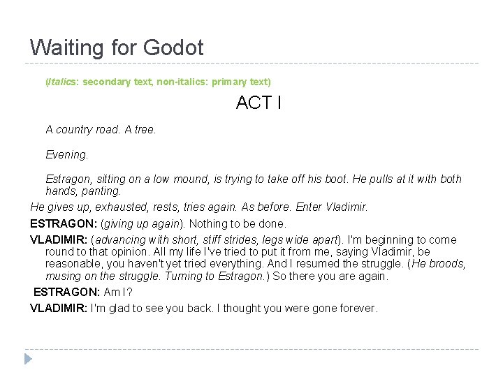 Waiting for Godot (Italics: secondary text, non-italics: primary text) ACT I A country road.