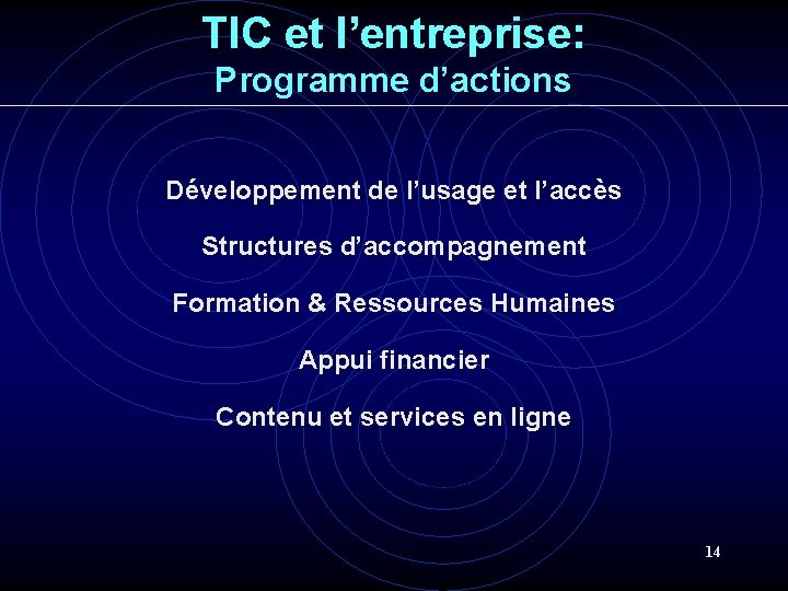 TIC et l’entreprise: Programme d’actions Développement de l’usage et l’accès Structures d’accompagnement Formation & TIC et l’entreprise: Programme d’actions Développement de l’usage et l’accès Structures d’accompagnement Formation &
