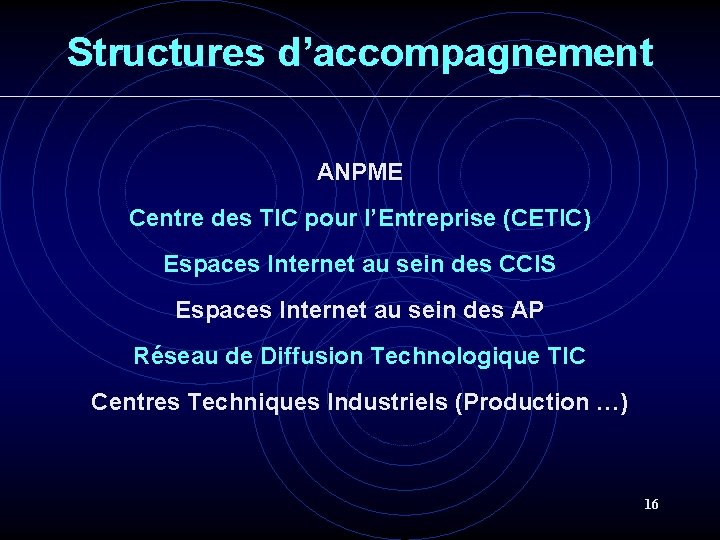 Structures d’accompagnement ANPME Centre des TIC pour l’Entreprise (CETIC) Espaces Internet au sein des Structures d’accompagnement ANPME Centre des TIC pour l’Entreprise (CETIC) Espaces Internet au sein des