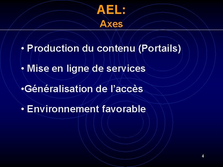 AEL: Axes • Production du contenu (Portails) • Mise en ligne de services • AEL: Axes • Production du contenu (Portails) • Mise en ligne de services •