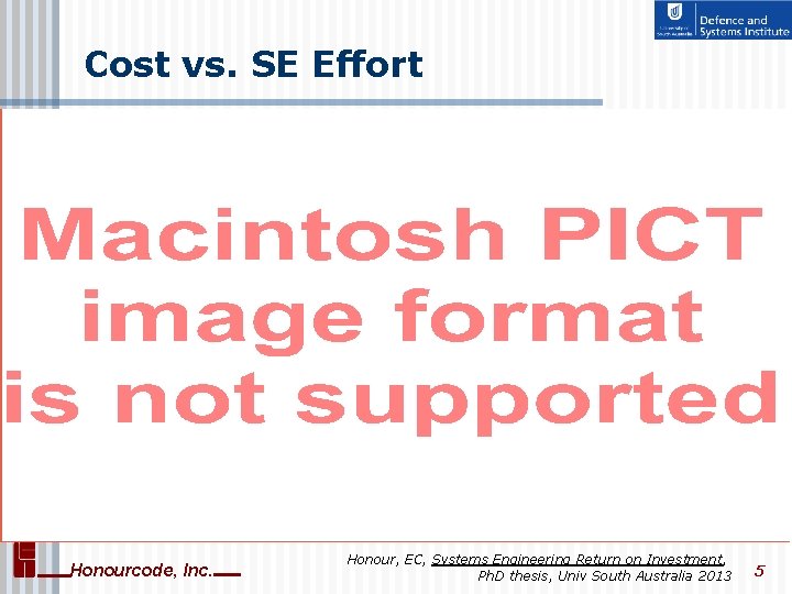 Cost vs. SE Effort Honourcode, Inc. Honour, EC, Systems Engineering Return on Investment, Ph.
