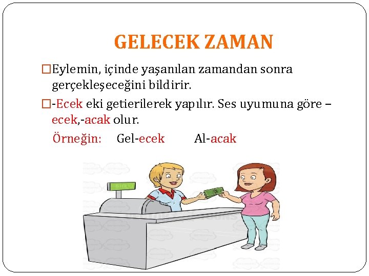 GELECEK ZAMAN �Eylemin, içinde yaşanılan zamandan sonra gerçekleşeceğini bildirir. �-Ecek eki getierilerek yapılır. Ses GELECEK ZAMAN �Eylemin, içinde yaşanılan zamandan sonra gerçekleşeceğini bildirir. �-Ecek eki getierilerek yapılır. Ses
