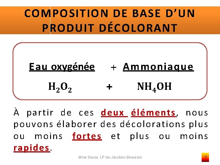 COMPOSITION DE BASE D’UN PRODUIT DÉCOLORANT Eau oxygénée H 2 O 2 + Ammoniaque