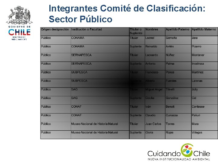 Integrantes Comité de Clasificación: Sector Público Integrantes Comité de Clasificación: Sector Público