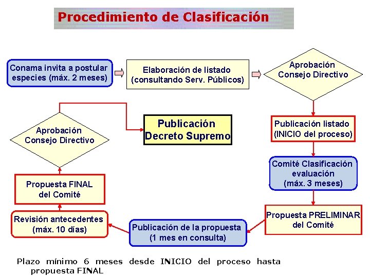 Procedimiento de Clasificación Conama invita a postular especies (máx. 2 meses) Elaboración de listado Procedimiento de Clasificación Conama invita a postular especies (máx. 2 meses) Elaboración de listado