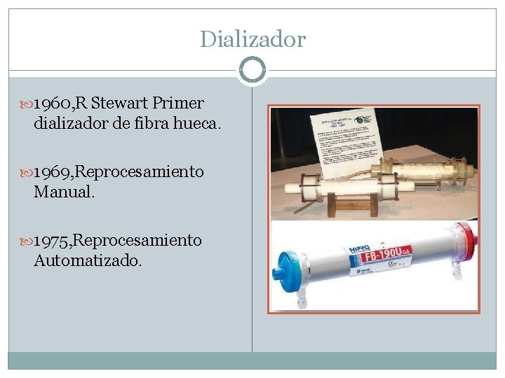 Dializador 1960, R Stewart Primer dializador de fibra hueca. 1969, Reprocesamiento Manual. 1975, Reprocesamiento