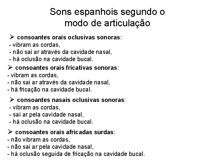 Sons espanhois segundo o modo de articulação Ø consoantes orais oclusivas sonoras: - vibram Sons espanhois segundo o modo de articulação Ø consoantes orais oclusivas sonoras: - vibram
