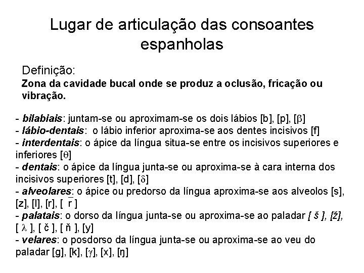 Lugar de articulação das consoantes espanholas Definição: Zona da cavidade bucal onde se produz Lugar de articulação das consoantes espanholas Definição: Zona da cavidade bucal onde se produz