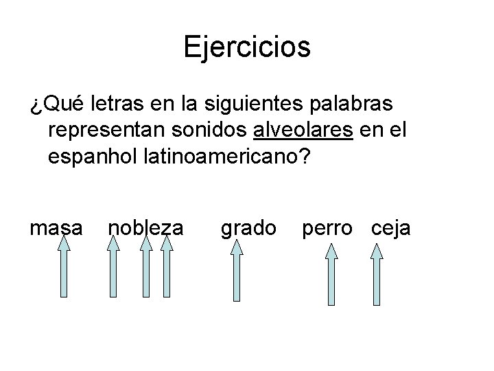 Ejercicios ¿Qué letras en la siguientes palabras representan sonidos alveolares en el espanhol latinoamericano? Ejercicios ¿Qué letras en la siguientes palabras representan sonidos alveolares en el espanhol latinoamericano?