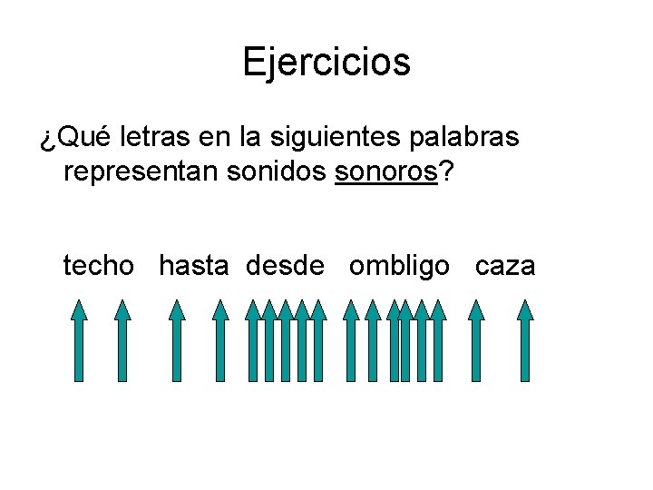 Ejercicios ¿Qué letras en la siguientes palabras representan sonidos sonoros? techo hasta desde ombligo Ejercicios ¿Qué letras en la siguientes palabras representan sonidos sonoros? techo hasta desde ombligo