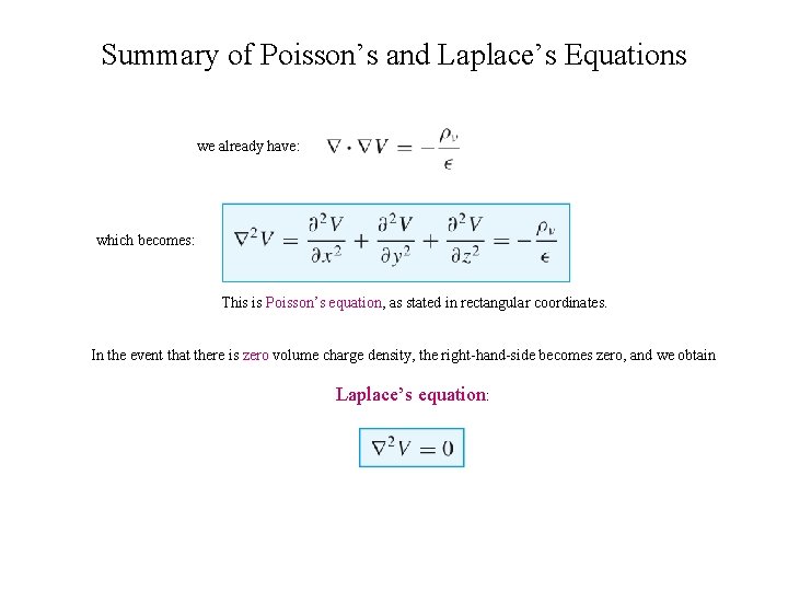 Summary of Poisson’s and Laplace’s Equations we already have: which becomes: This is Poisson’s