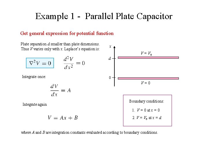 Example 1 - Parallel Plate Capacitor Get general expression for potential function Plate separation