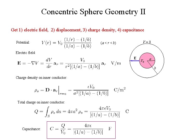 Concentric Sphere Geometry II Get 1) electric field, 2) displacement, 3) charge density, 4)