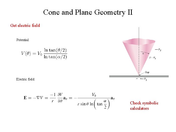 Cone and Plane Geometry II Get electric field Potential: r 2 Electric field: r