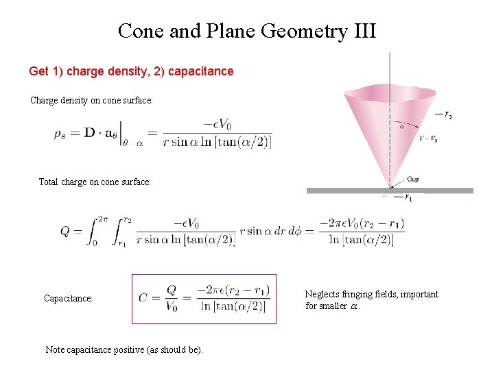 Cone and Plane Geometry III Get 1) charge density, 2) capacitance Charge density on