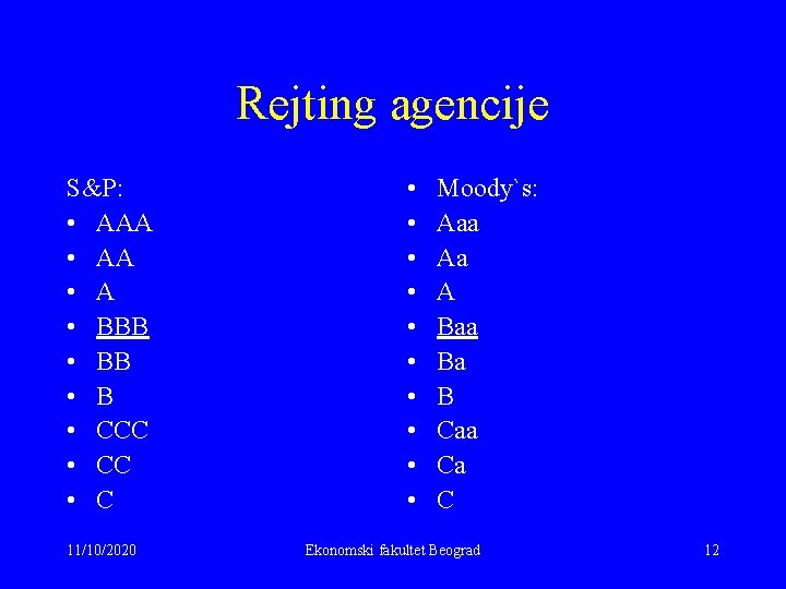 Rejting agencije S&P: • AAA • A • BBB • B • CCC •