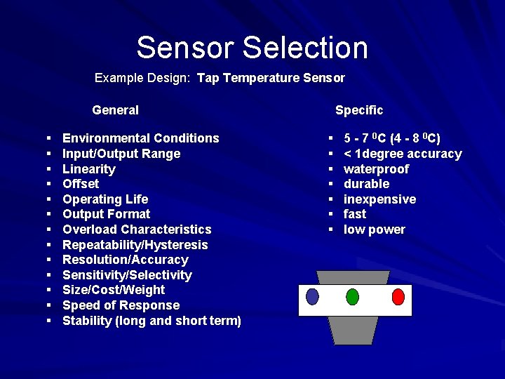 Sensor Selection Example Design: Tap Temperature Sensor Specific General § § § § Environmental