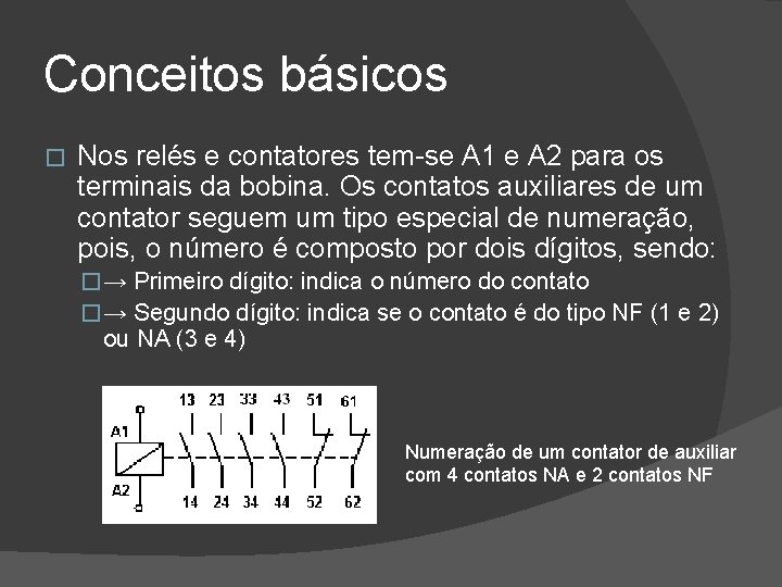 Conceitos básicos � Nos relés e contatores tem-se A 1 e A 2 para