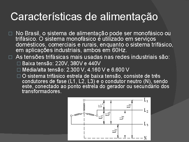 Características de alimentação No Brasil, o sistema de alimentação pode ser monofásico ou trifásico.