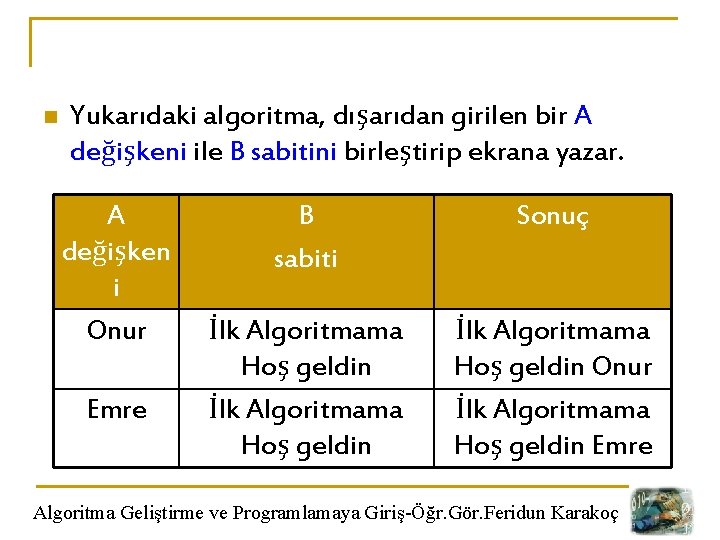 n Yukarıdaki algoritma, dışarıdan girilen bir A değişkeni ile B sabitini birleştirip ekrana yazar.