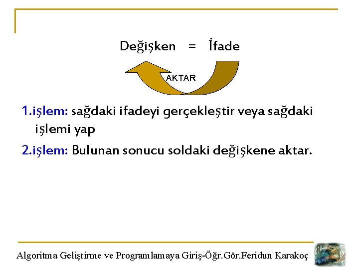 Değişken = İfade AKTAR 1. işlem: sağdaki ifadeyi gerçekleştir veya sağdaki işlemi yap 2.