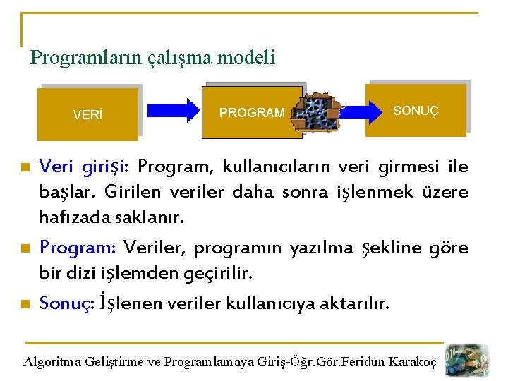 Programların çalışma modeli VERİ n n n PROGRAM SONUÇ Veri girişi: Program, kullanıcıların veri