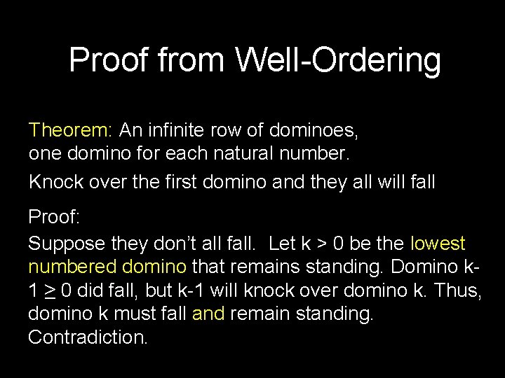 Proof from Well-Ordering Theorem: An infinite row of dominoes, one domino for each natural